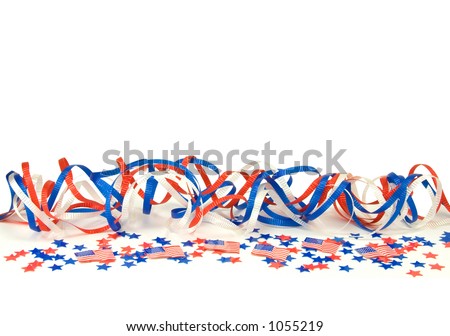 A red, white and blue ribbon and star confetti border, with American flag confetti, too.