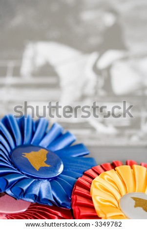 A pile of horse show ribbons won by the horse and rider in the background.