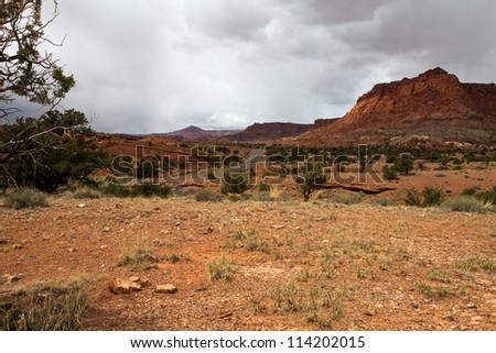 Erosional landscape with road and rocks in Utah, USA