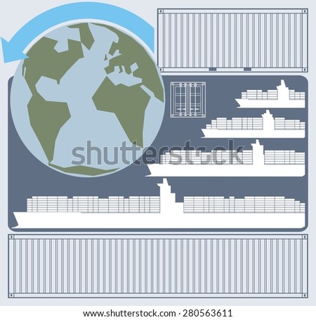 Chart illustrating the economies of scale related to large container ships/vessels. Also shown are the Earth and maritime shipping containers - raster illustration.
