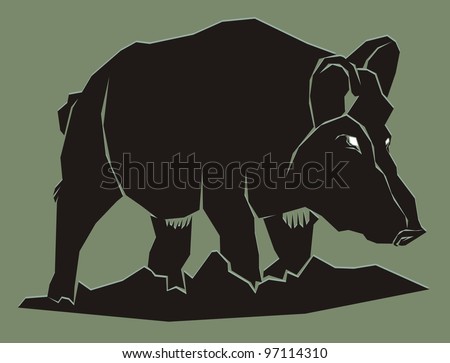 Wild boar at night - an outlined wild animal with glowing eyes color raster illustration