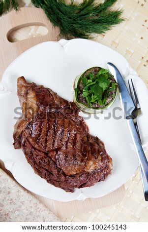 Piece of fried rib eye steak