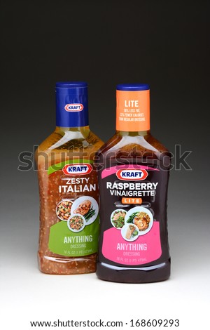 IRVINE, CA - JANUARY 11, 2013: Two 16 oz. bottles of Kraft Anything Dressing, Raspberry Vinaigrette and Zesty Italian. Kraft Foods has 27 brands with sales in excess of $100 million annually.