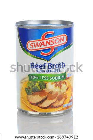 IRVINE, CA - JANUARY 11, 2013: A 1.5 ounce can of Swanson Beef Broth. Introduced in the early 1900\'s the Swanson brand is currently owned by the Campbell Soup Company.