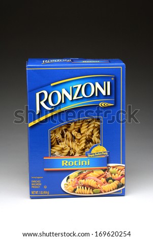 IRVINE, CA - January 21, 2013: A one pound box of Ronzoni Rotini Pasta. Rotini is corkscrew or spiral shaped pasta and One of the most versatile of all pasta shapes.
