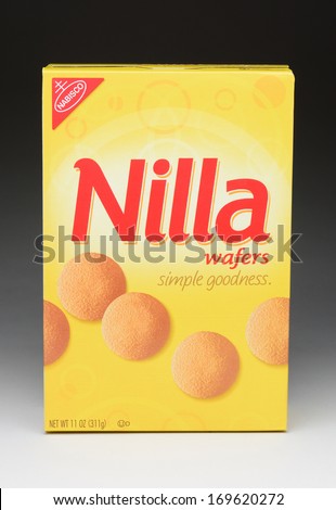 IRVINE, CA - July 8, 2013: A 11 ounce box of Nabisco Nilla Wafers. Nilla is a brand name owned by Nabisco since 1968, associated with its line of vanilla flavored, wafer-style cookies.