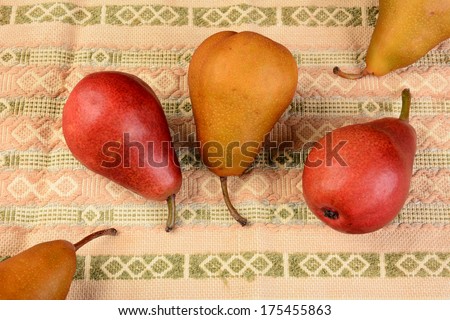 High angle closeup shot of a group of pears on a table cloth. Bosc and Red Pears are shown.
