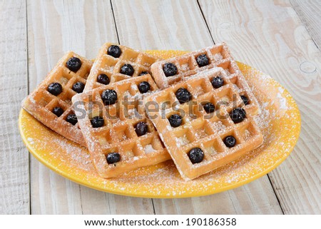 Closeup of a plate of waffles and blueberries. The plate is on a rustic farmhouse style table and the waffles are covered with powdered sugar. Horizontal format.