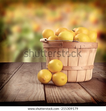 A basket of lemons on a wood table in a farm field with blurred crops in the background.. Square format wit an instagram look, and copy space.