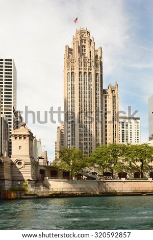 CHICAGO, ILLINOIS - AUGUST 22, 2015: Tribune Tower. Completed in 1925 in the Gothic style, the Tribune Tower is one of the most recognizable buildings in Chicago.