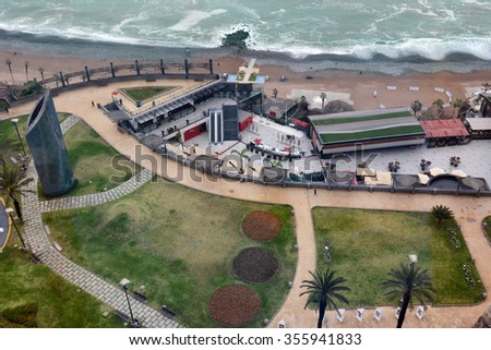 MIRAFLORES, PERU - OCTOBER 18, 2015:  Alfredo Salazar Park, Outdoor Mall and Miraflores Beach. The Miraflores District is an upscale area of Lima Peru.