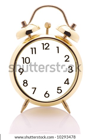 stock photo : Alarm Clock with no hands isolated over white with reflection