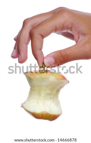 Female Hand Holding Apple Core by Stem isolated over white