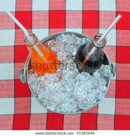 Two Soda Bottles in Bucket of Ice on Picnic Table Cloth