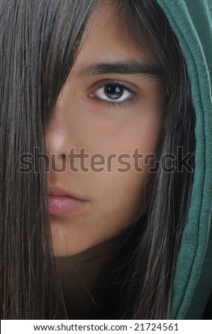 Girl in Hoodie with Hair in Front of Face, half composition