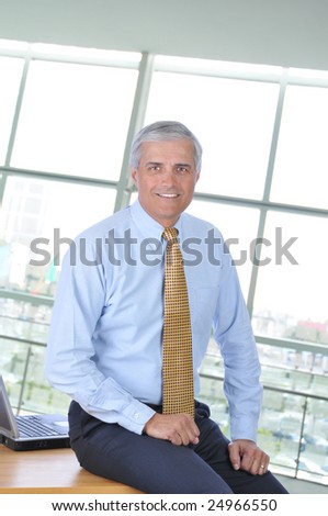 Middle Aged Businessman in Office Sitting at desk