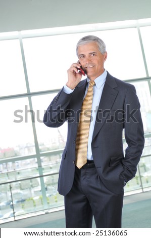 Standing Middle Aged Businessman Talking on Cell Phone in Office Setting