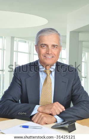Smiling Businessman Seated at Desk in Office Setting