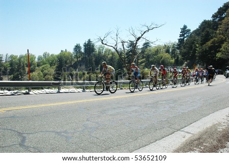 RUNNING SPRINGS, CA - MAY 21: Cyclists, climbing Hwy 18 on Stage 6 of the Amgen Tour of California on May 21, 2010. The Tour of California is the largest cycling event in America.