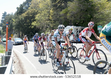 RUNNING SPRINGS, CA - MAY 21: Cyclists struggle of highway 18 on Stage 6 of the Amgen Tour of California on May 21, 2010. The Tour of California is the largest cycling event in America.