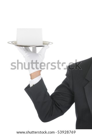 Butler wearing tuxedo and formal gloves holding a Blank Card on a silver tray. Shoulder hand and arm only isolated on white vertical composition.