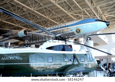 SIMI VALLEY, CA - JULY 24: Air Force One and Marine One on display at the Reagan Presidential Library in Simi Valley, July 24, 2010. The aircraft are part of a continuing event at the museum.