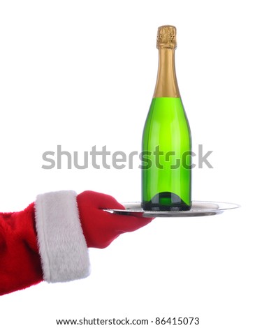 Santa Claus outstretched arm holding a Champagne Bottle on  a serving tray. Vertical format over a white background.