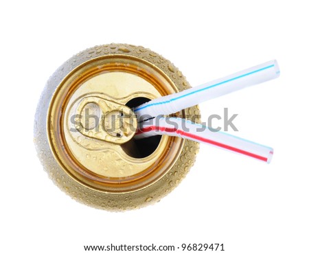 Two Drinking straws in an open soda can. Top view over white.