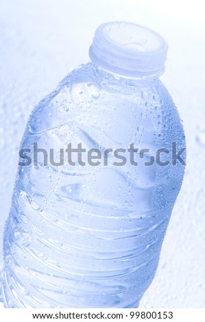 Closeup of a water bottle covered with water droplets. Intentional cool tones and shallow depth of field