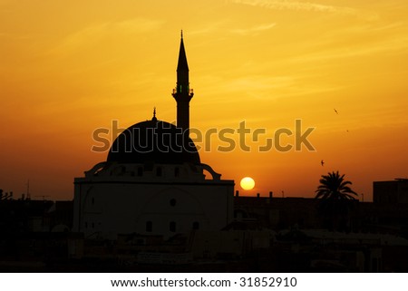 Great Mosque of Al-Jazzar at sunset. Akko (Acre), Israel
