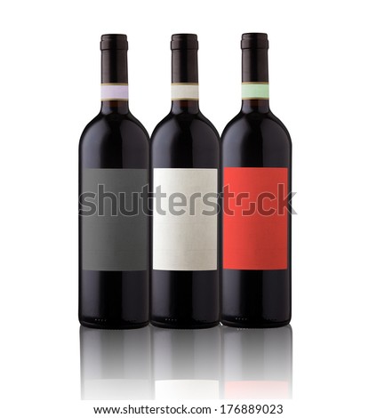 Three  wine bottles isolated with blank label for your text or logo.