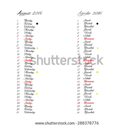 2016 Calendar, August, handwriting English text and Italian Test