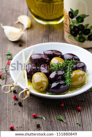 Marinated olives in small bowls