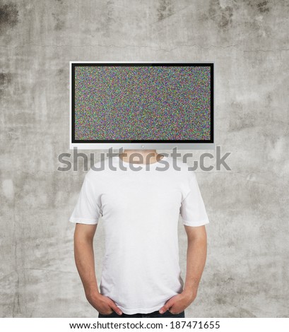 boy with TV instead of head on a wall background