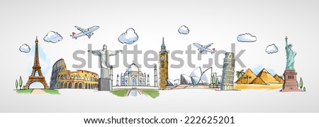 travel concept with landmarks on a blue background