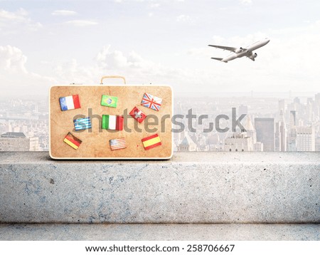 travel bag with many flags and airplane in sky