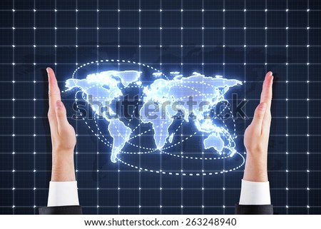 hands holding digital world map interface