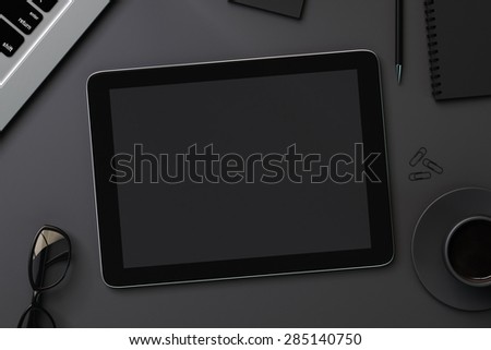 Blank black digital tablet and accessories