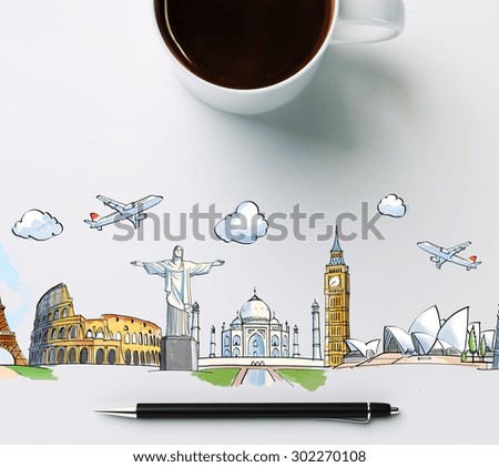 travel landmarks with cup of coffee and pen, concept