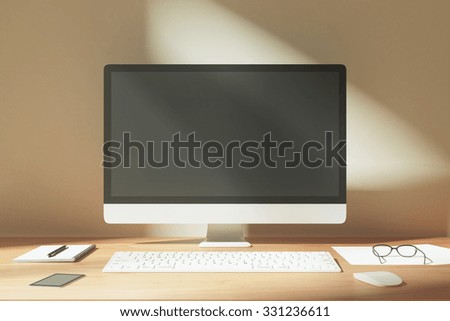 Blank desktop with keyboard, diary, cell phone on a wooden table at sunrise, mock up