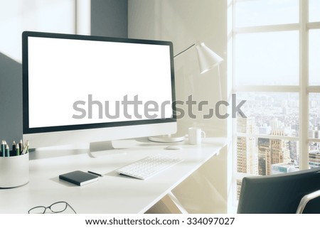 Blank computer desktop with keyboard, diary and other accesories on white table in sunny room, mock up