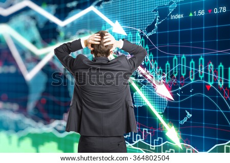 Illustration of the crisis concept with a businessman in panic