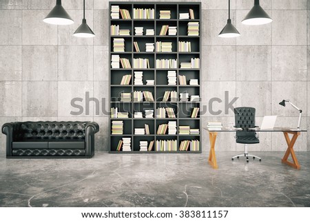 Private loft office with bookcase, leather sofa and glassy table with concrete floor and lamps, 3D render