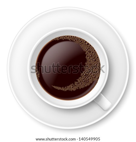 White mug of coffee with foam and saucer Illustration on white White mug of coffee with foam and saucer Illustration on white