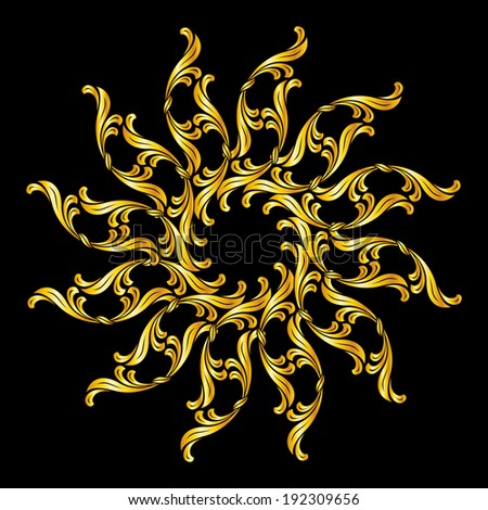 Raster version. Illustration of golden floral pattern on black background