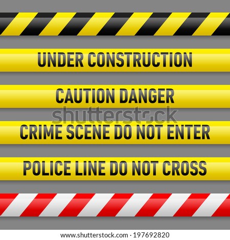 Raster version. Set of different danger tapes. Tapes with text Under construction, Caution Danger, Crime scene do not enter, Police line do not cross