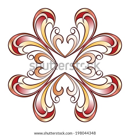 Raster version. Ornate cross style floral pattern in red, pink, yellow shades on white background