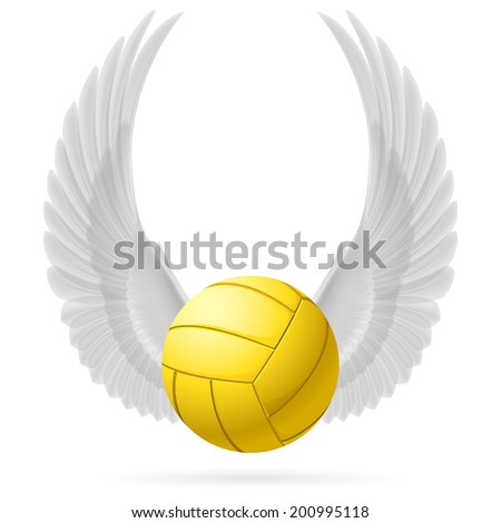 Realistic volley ball with raised up white wings emblem