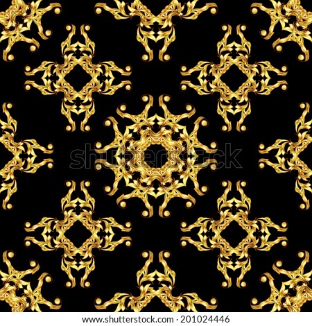 Raster version. Seamless floral pattern in golden shades on black background. Asian style ornament