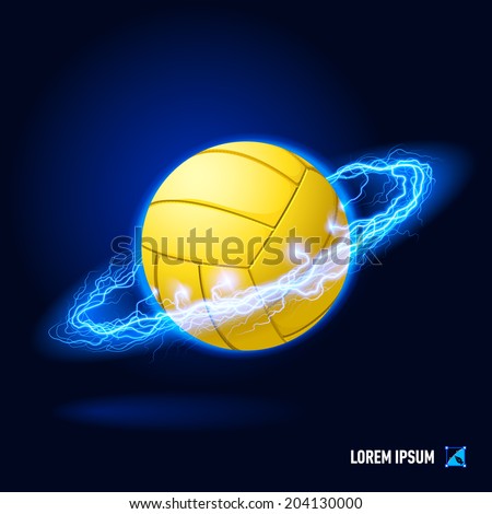 Realistic volley ball in blue flashes and lighting circle